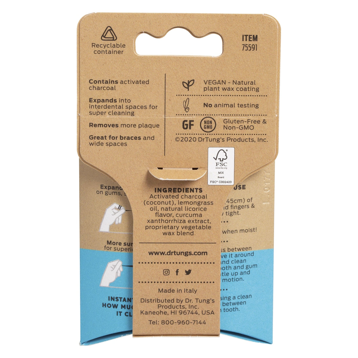 Back packaging of Dr. Tung's Smart Vegan Activated Charcoal Dental Floss with product details