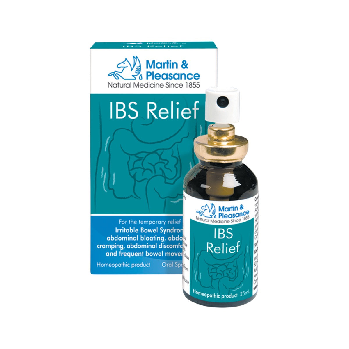 Martin & Pleasance IBS Relief Spray 25ml box and oral spray bottle on white background