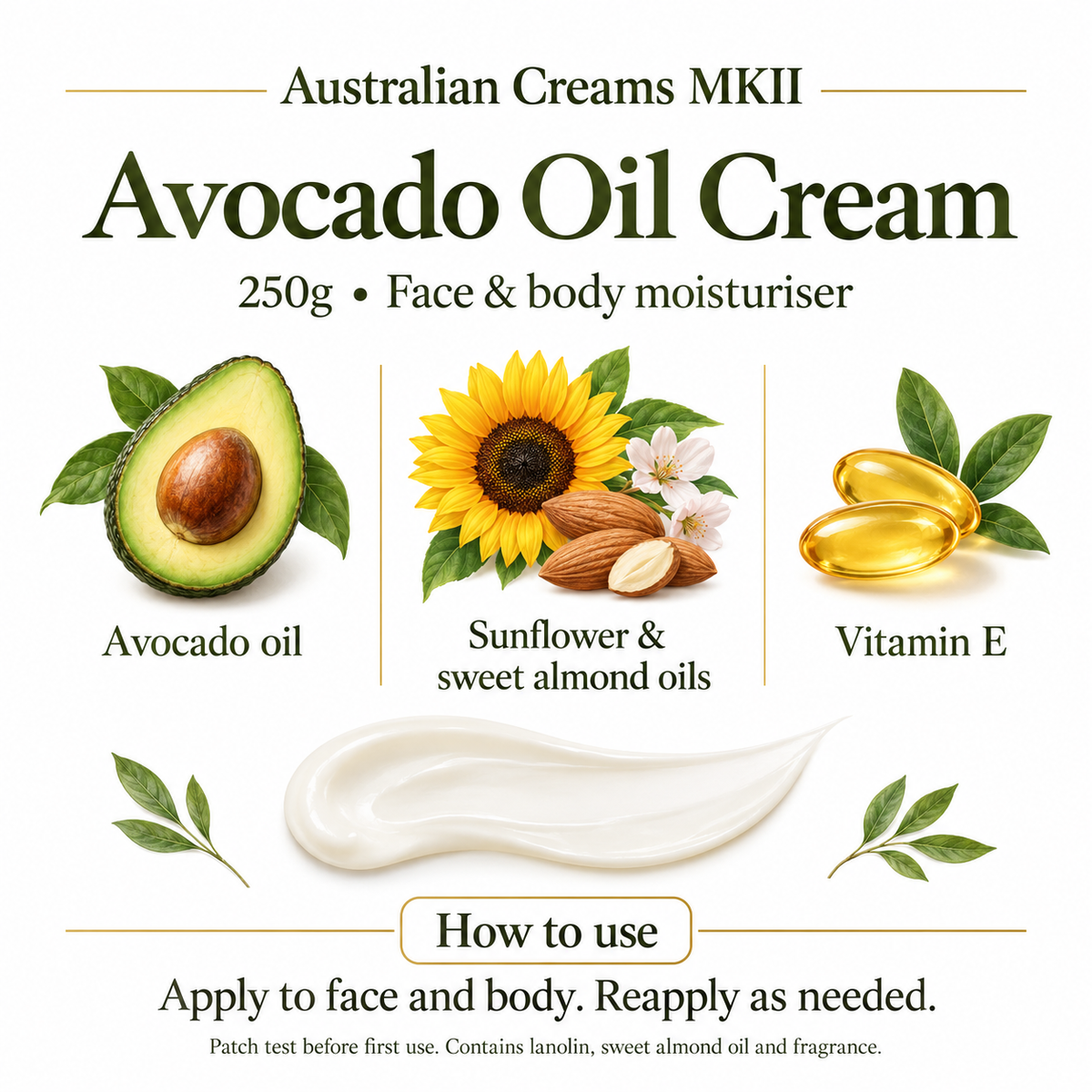 Illustrated ingredient and usage guide for Australian Creams MkII Avocado Oil Cream 250g; contains lanolin, sweet almond oil and fragrance