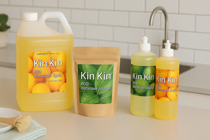 Kin Kin Naturals eco dishwashing products in kitchen setting