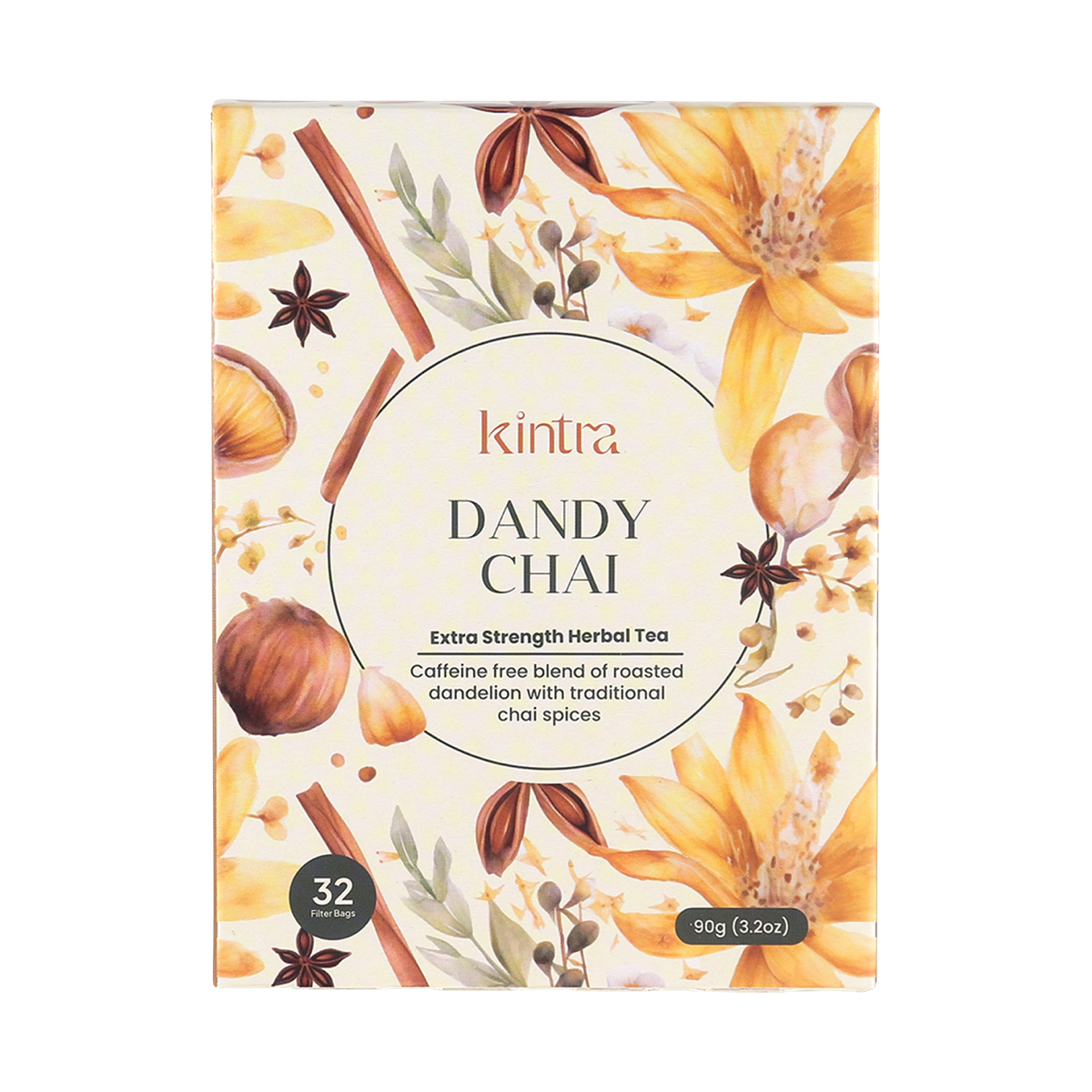Kintra Blends Dandy Chai Tea Bags 32 Pack front pack on white background