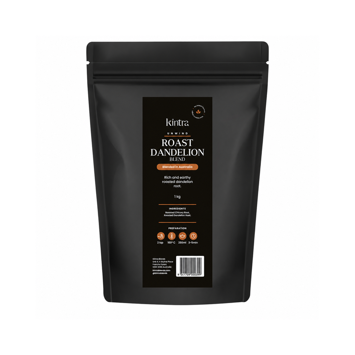 Kintra Roasted Dandelion Blend Granular 1kg pouch on white background