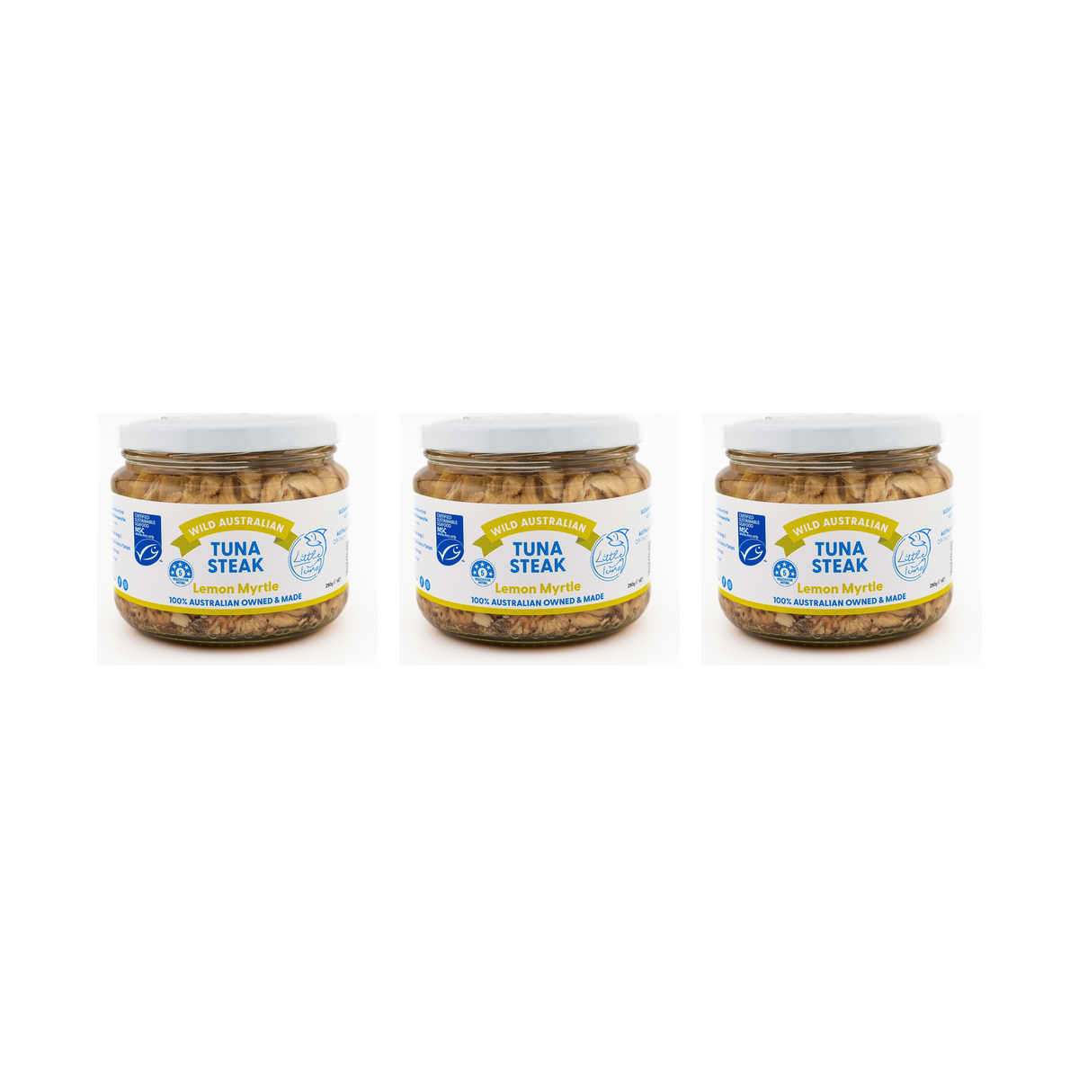 Little Tuna Wild Australian Tuna Steak in Lemon Myrtle 290g — 3 matching jars