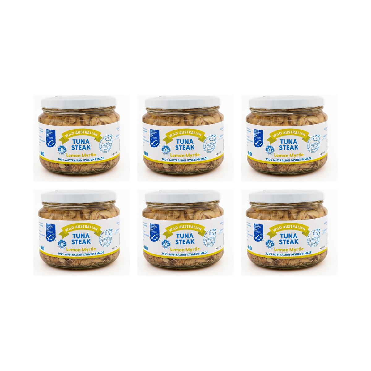 Little Tuna Wild Australian Tuna Steak in Lemon Myrtle 290g — 6 matching jars