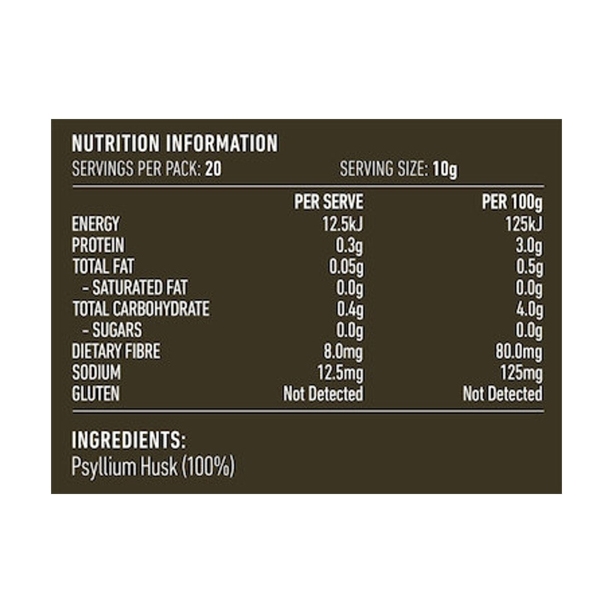 Lotus 98% Pure Psyllium Husks 200g rear label and nutrition information panel