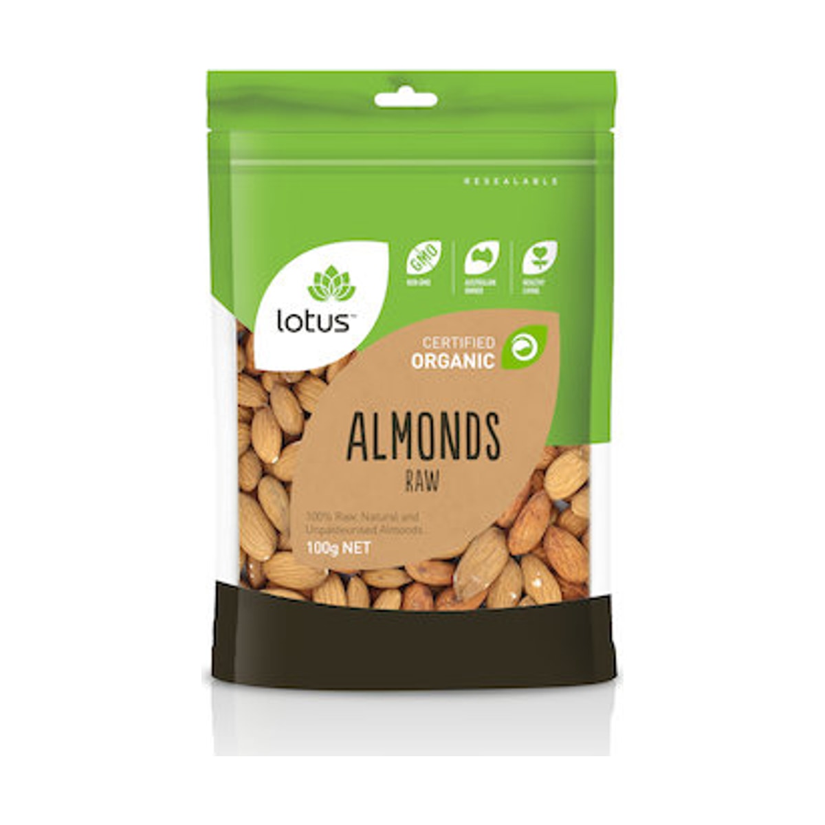 Lotus Almonds Raw Organic 100g front pack on white background