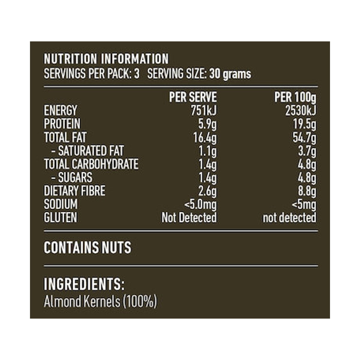 Lotus Almonds Raw Organic 100g rear label and nutrition information panel