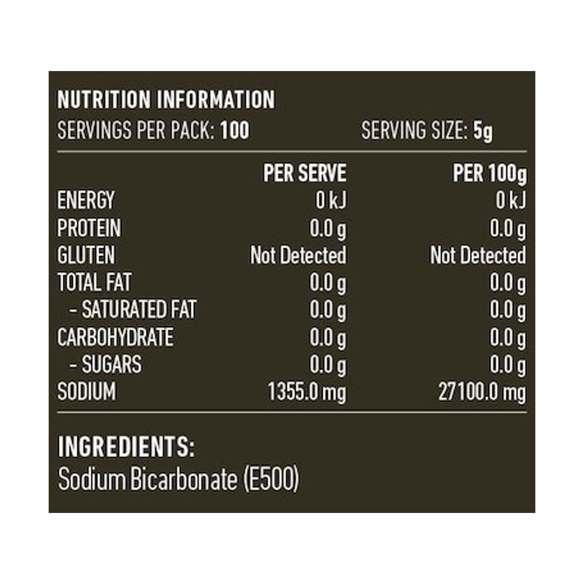 Lotus Aluminium Free Bicarbonate Soda 500g rear label and nutrition information panel