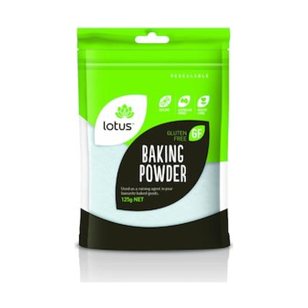 Lotus Baking Powder Gluten Free 125g front pack on white background