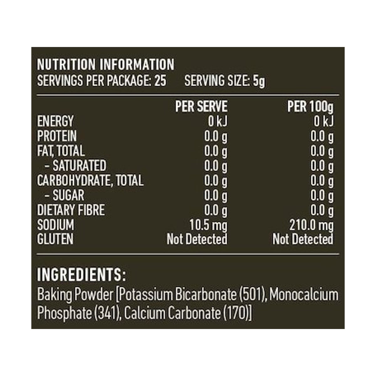Lotus Baking Powder Gluten Free 125g rear label and nutrition information panel