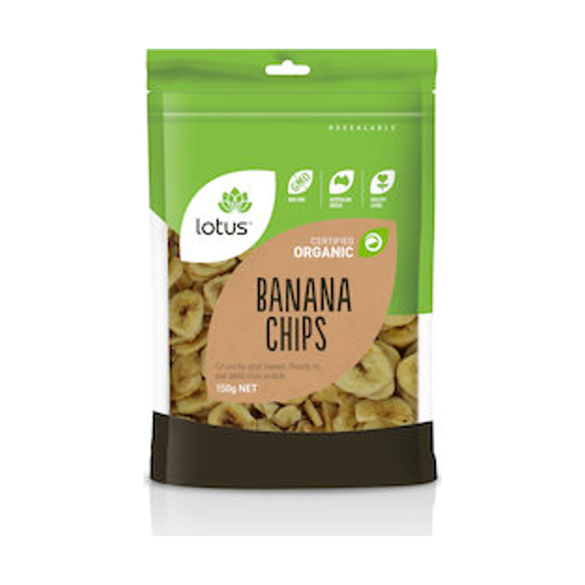 Lotus Banana Chips Organic 150g front pack on white background