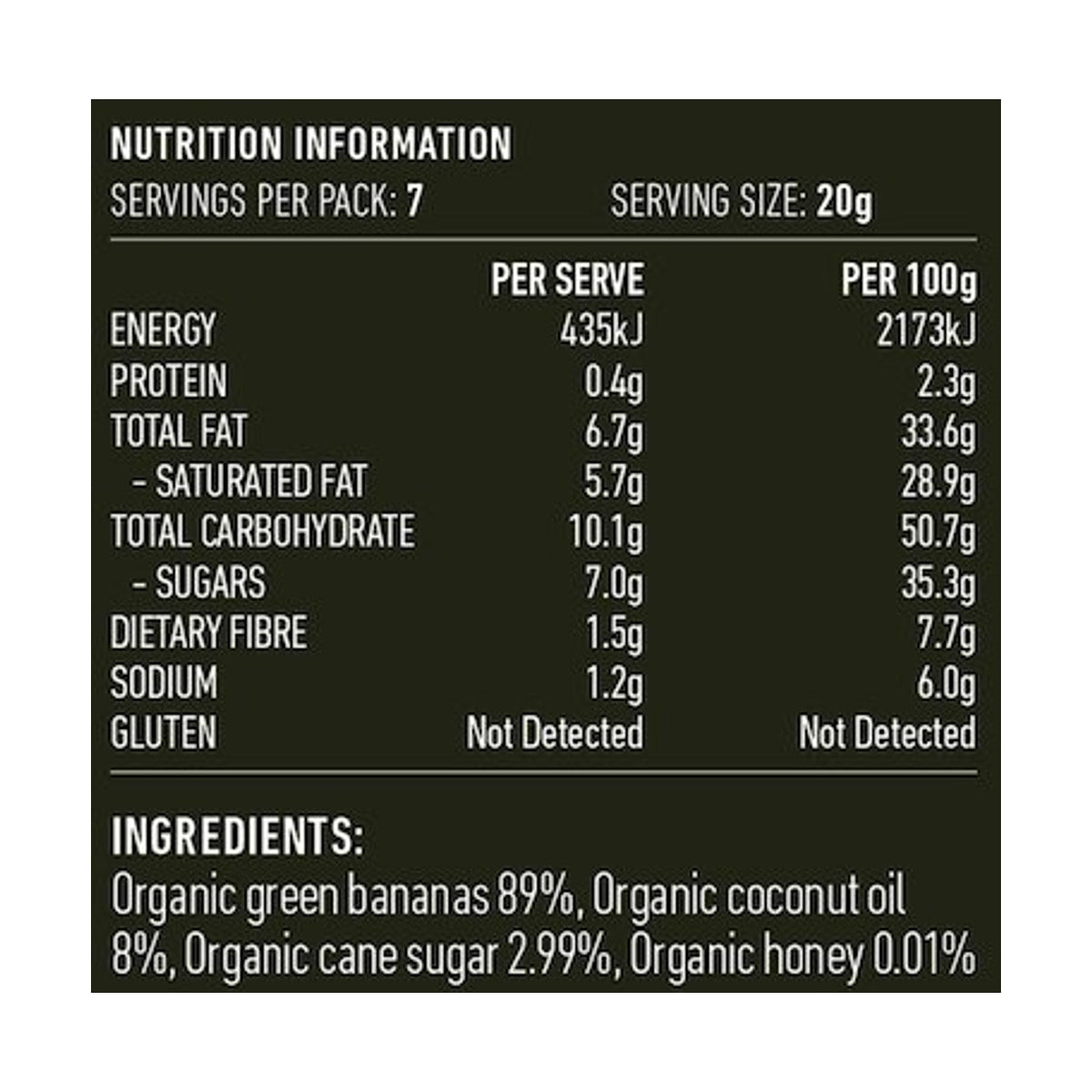 Lotus Banana Chips Organic 150g rear label and nutrition information panel