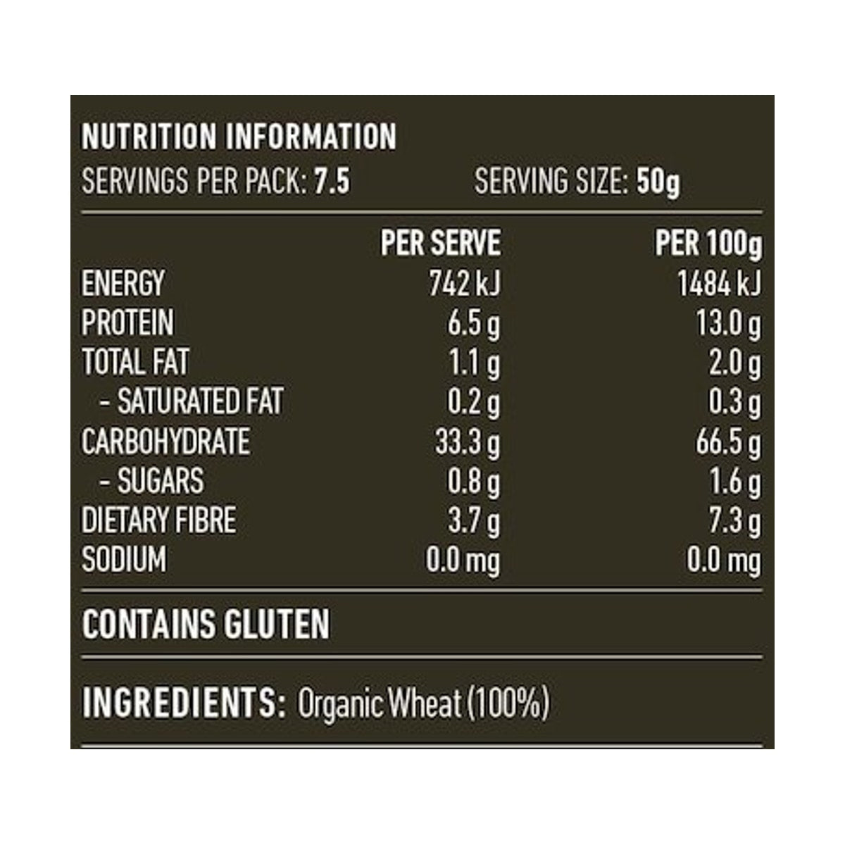 Lotus Bourghal Coarse Organic 375g rear label and nutrition information panel