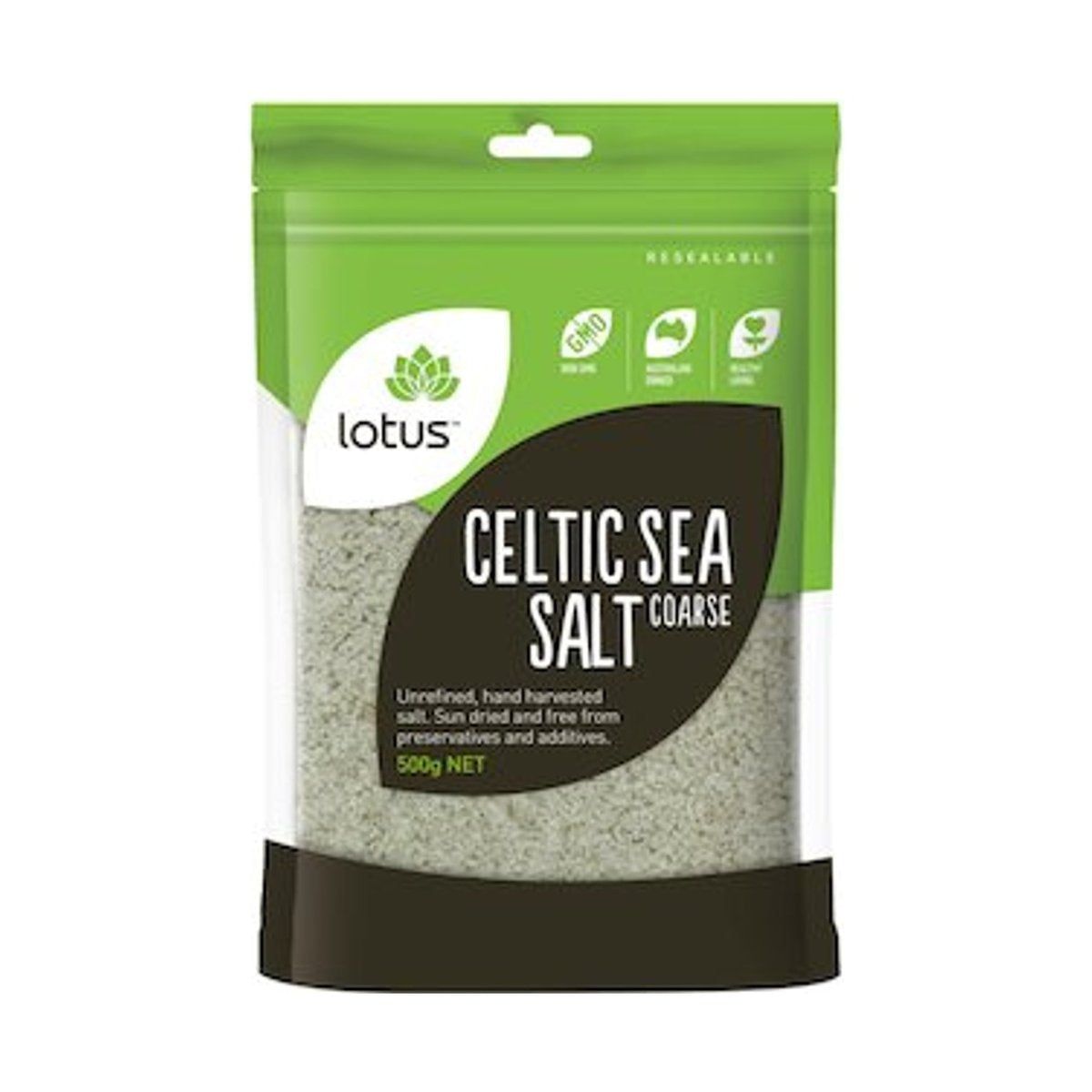 Lotus Celtic Sea Salt Coarse 500g front pack on white background
