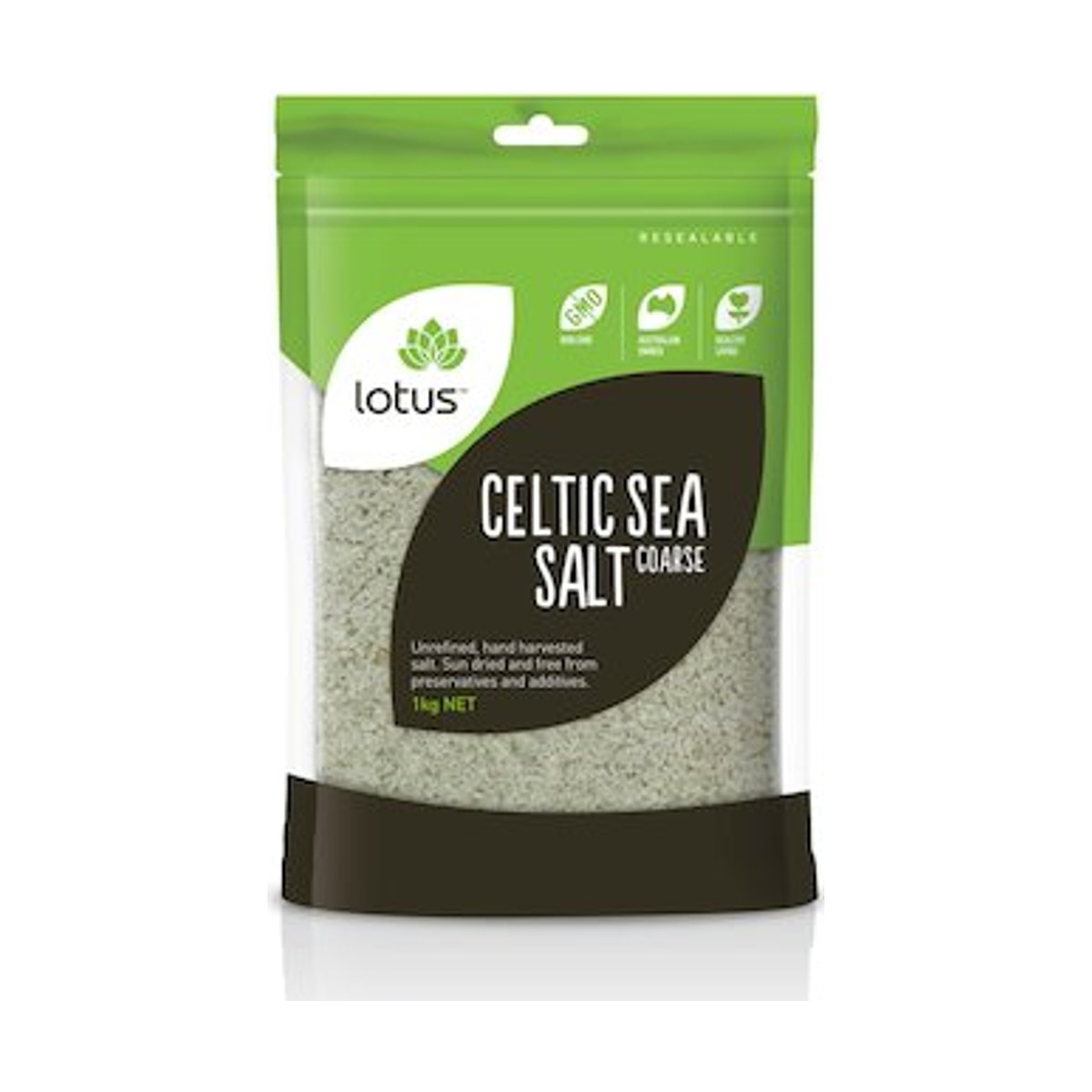 Lotus Celtic Sea Salt Coarse 1kg front pack on white background