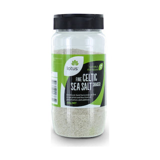 Lotus Celtic Sea Salt Fine Shaker 450g front pack on white background