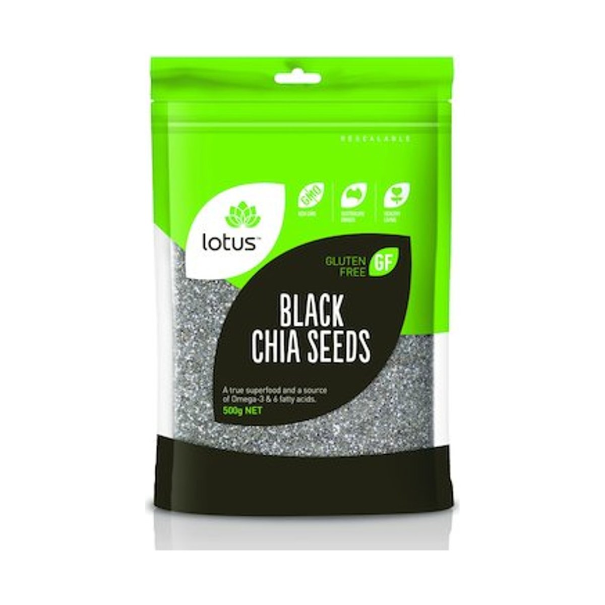 Lotus Chia Seeds Black 500g front pack on white background