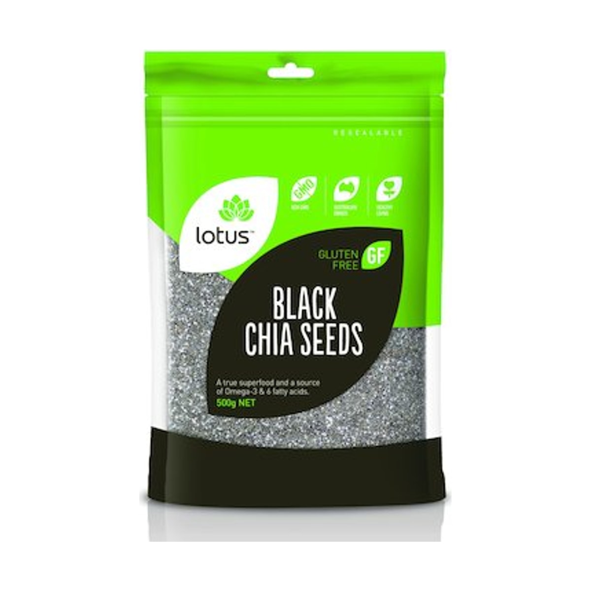 Lotus Chia Seeds Black 500g front pack on white background