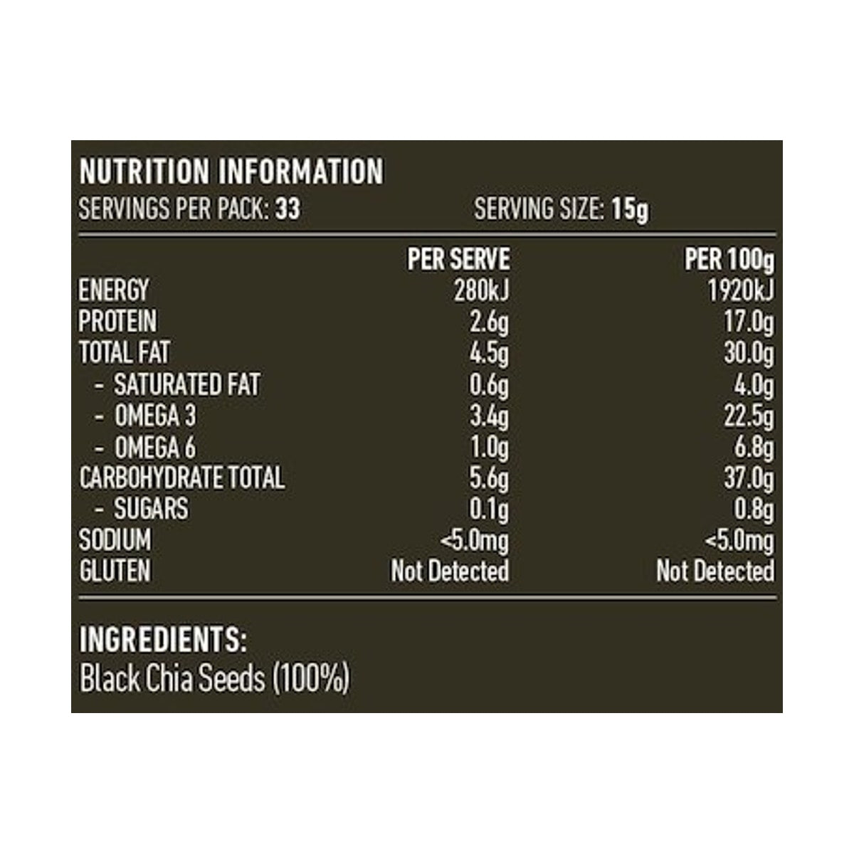 Lotus Chia Seeds Black 500g rear label and nutrition information panel