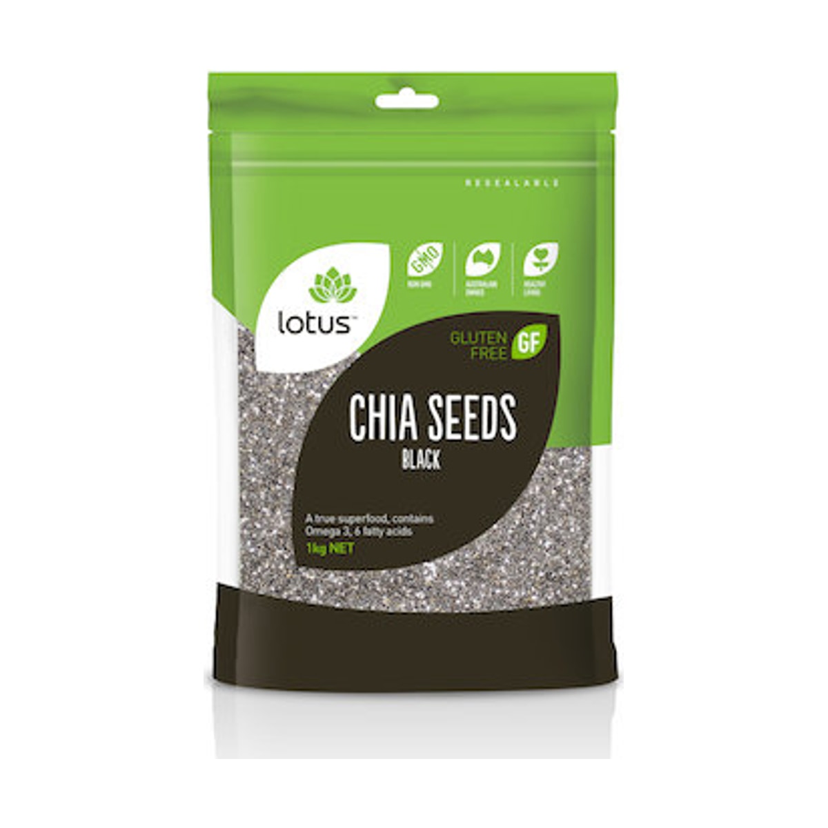 Lotus Chia Seeds Black 1kg front pack on white background