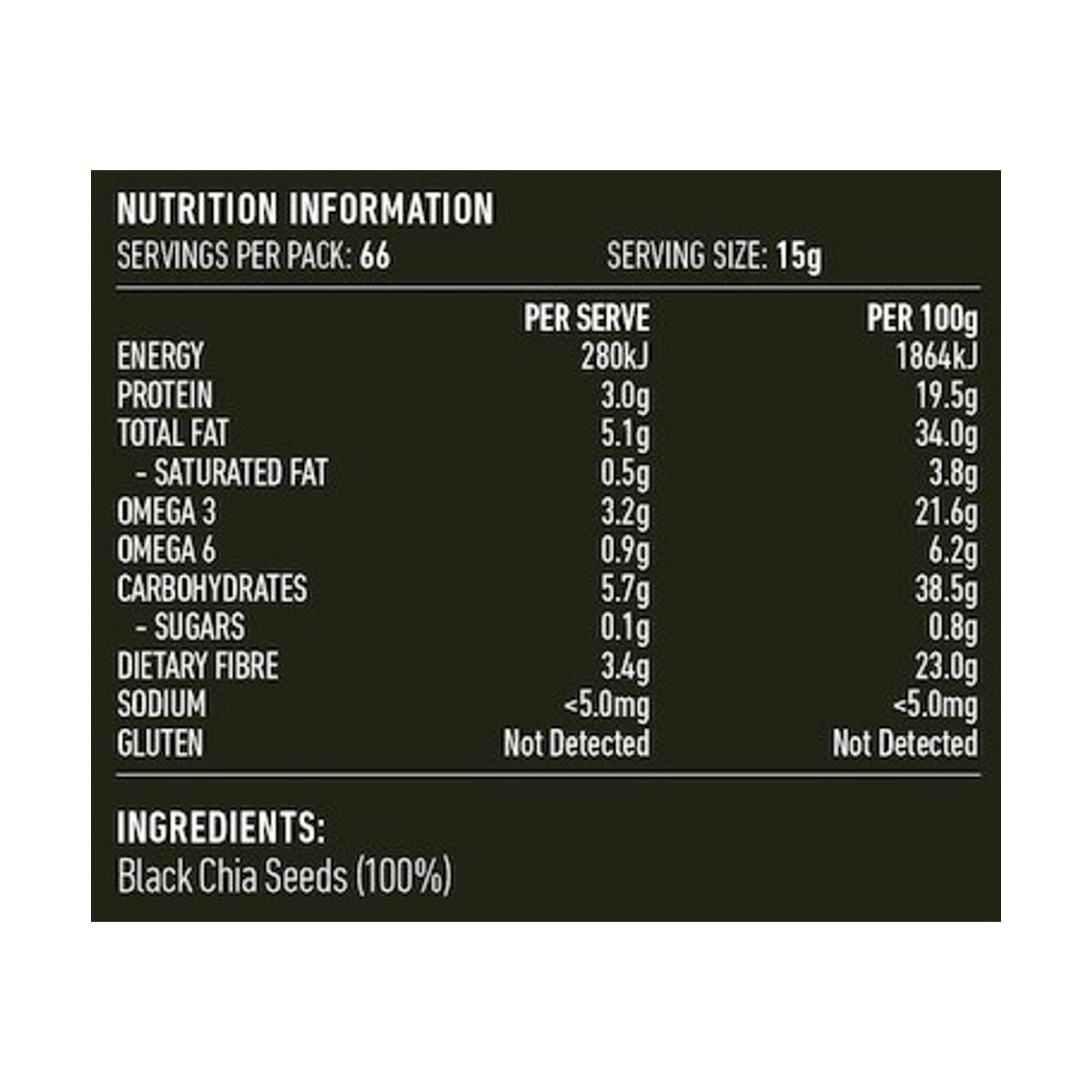 Lotus Chia Seeds Black 1kg rear label and nutrition information panel