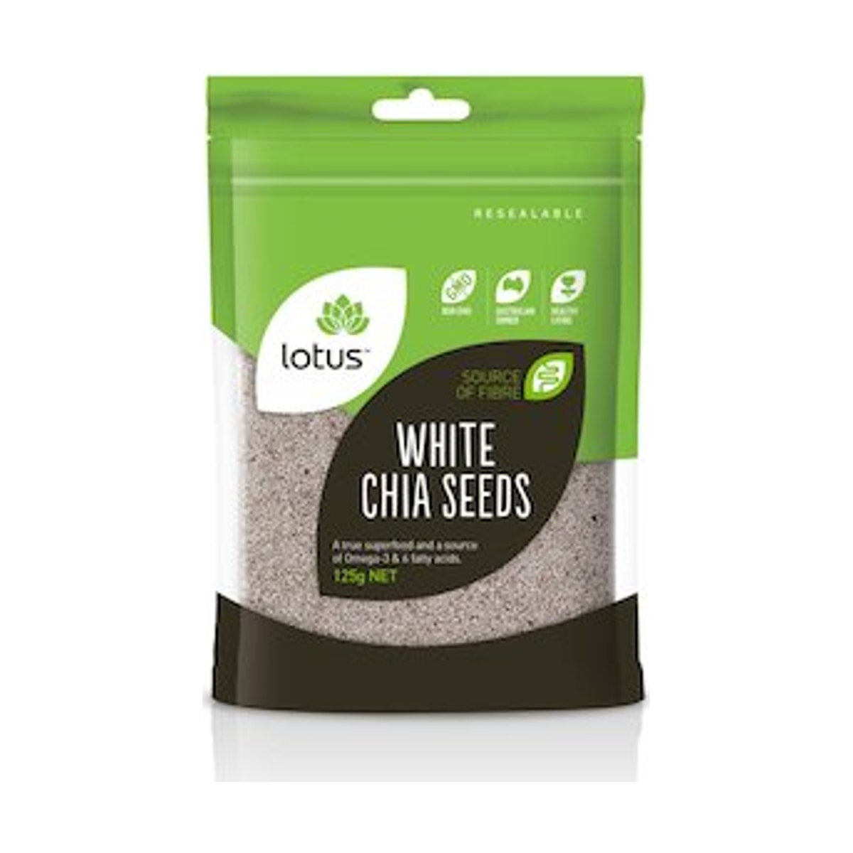 Lotus Chia Seeds White 125g front pack on white background