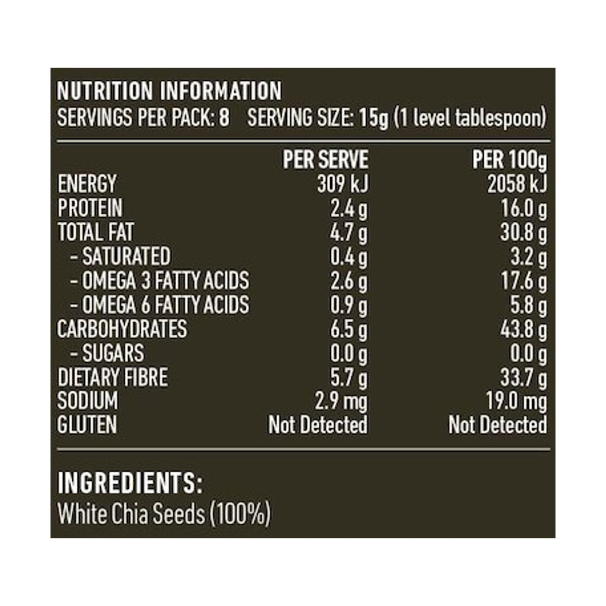 Lotus Chia Seeds White 125g rear label and nutrition information panel