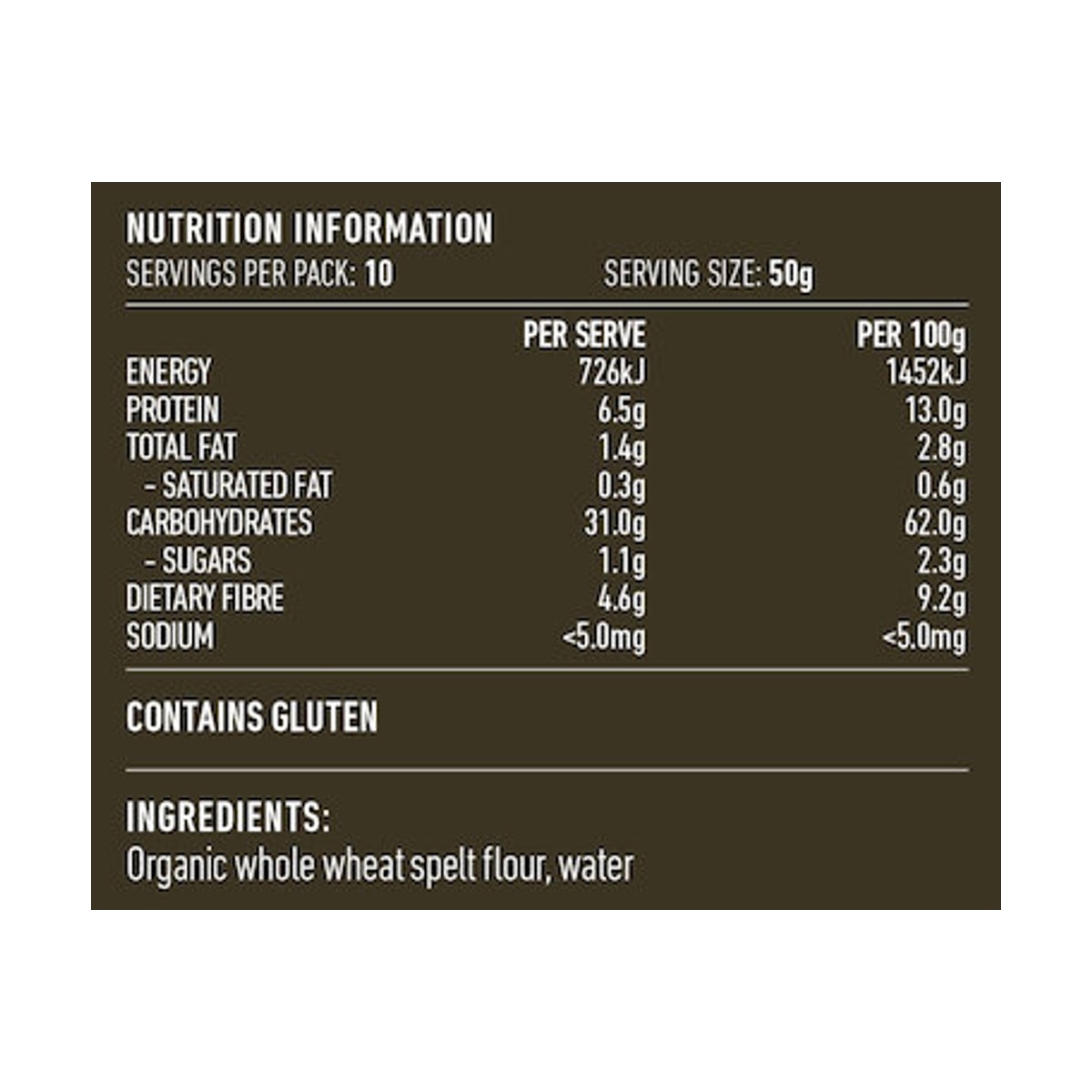 Lotus Couscous Whole Spelt Organic 500g rear label and nutrition information panel