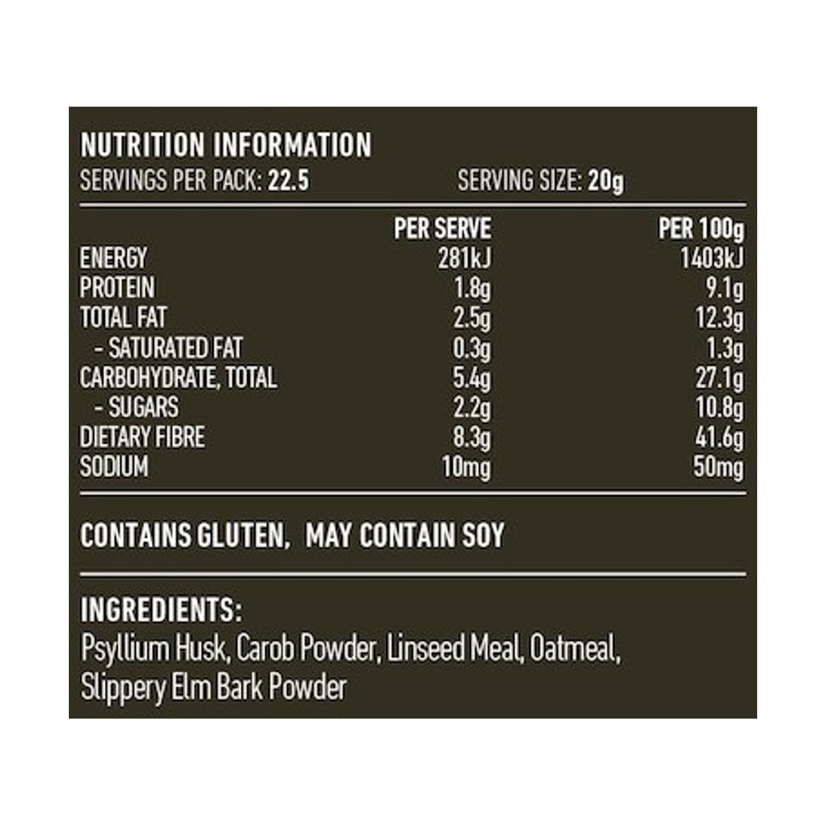 Lotus Fibre Cleanse 450g rear label and nutrition information panel