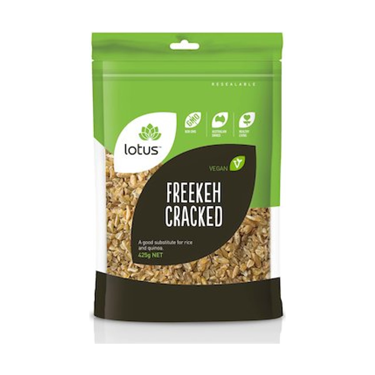 Lotus Freekeh Cracked 425g front pack on white background