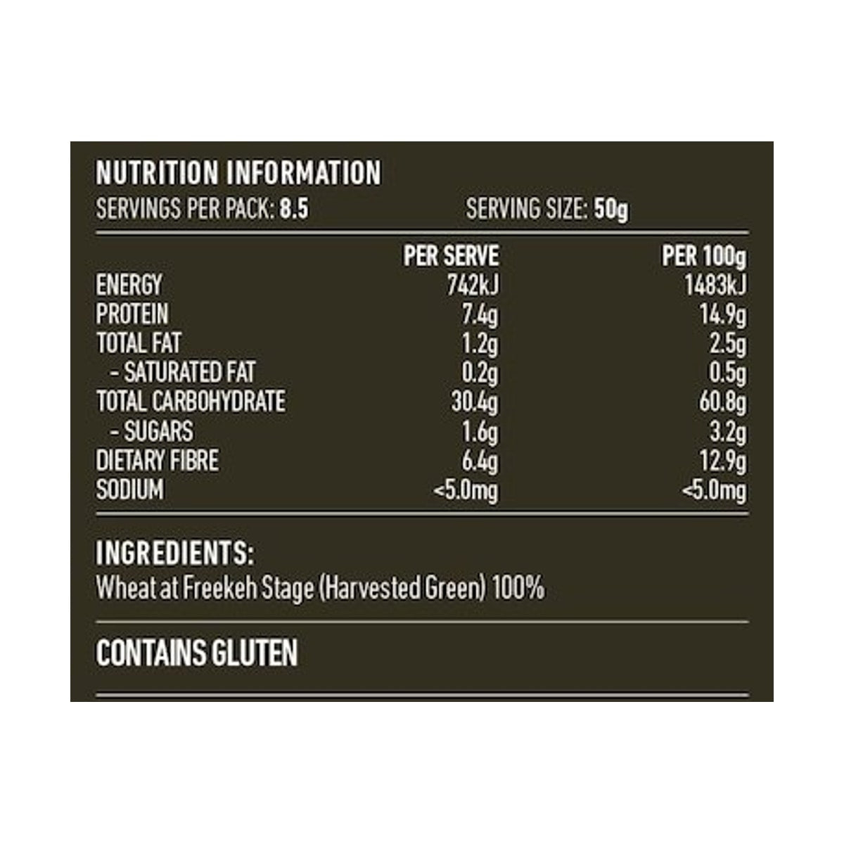 Lotus Freekeh Cracked 425g rear label and nutrition information panel