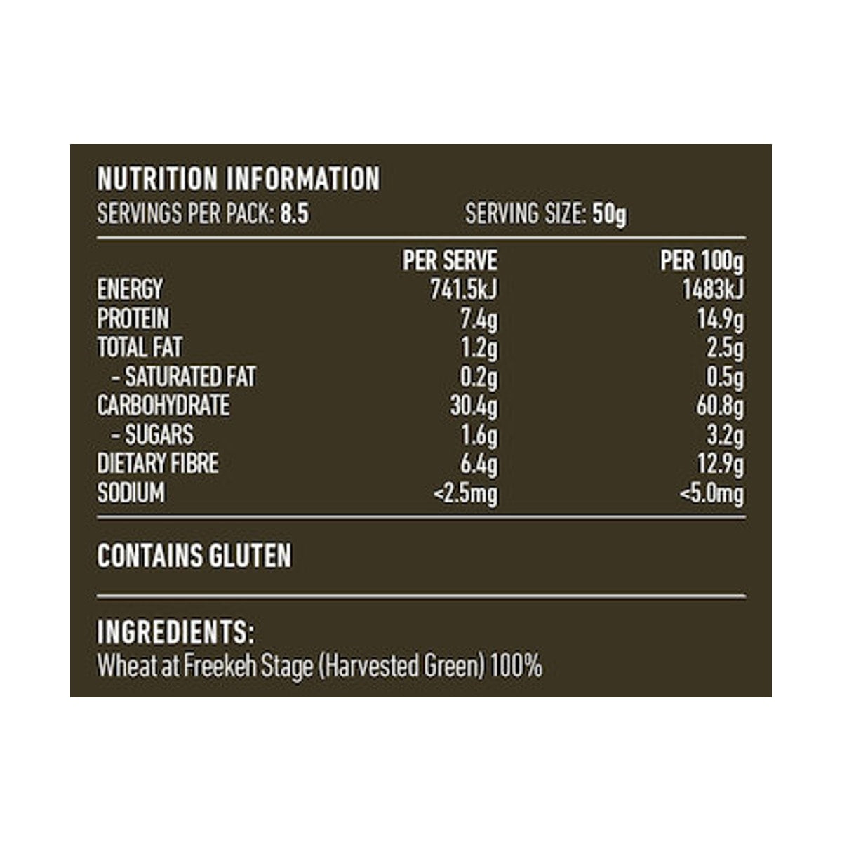 Lotus Freekeh Whole 425g rear label and nutrition information panel