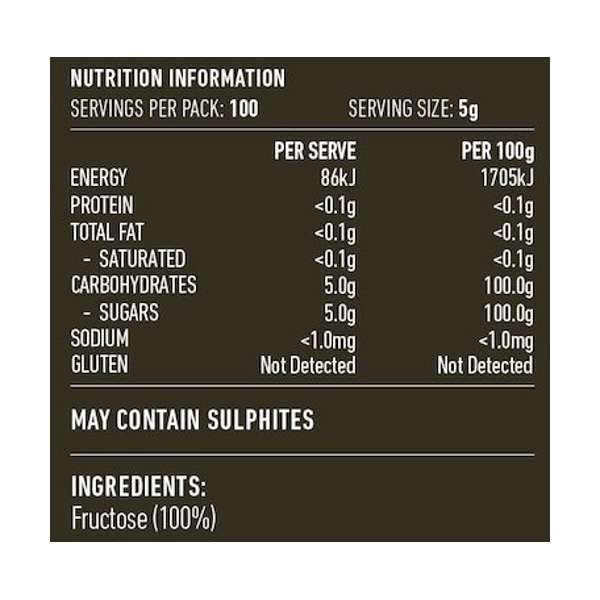 Lotus Fructose Fruit Sugar 500g rear label and nutrition information panel