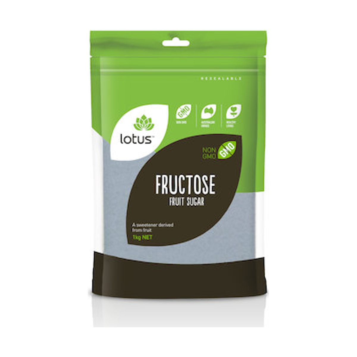 Lotus Fructose Fruit Sugar 1kg front pack on white background