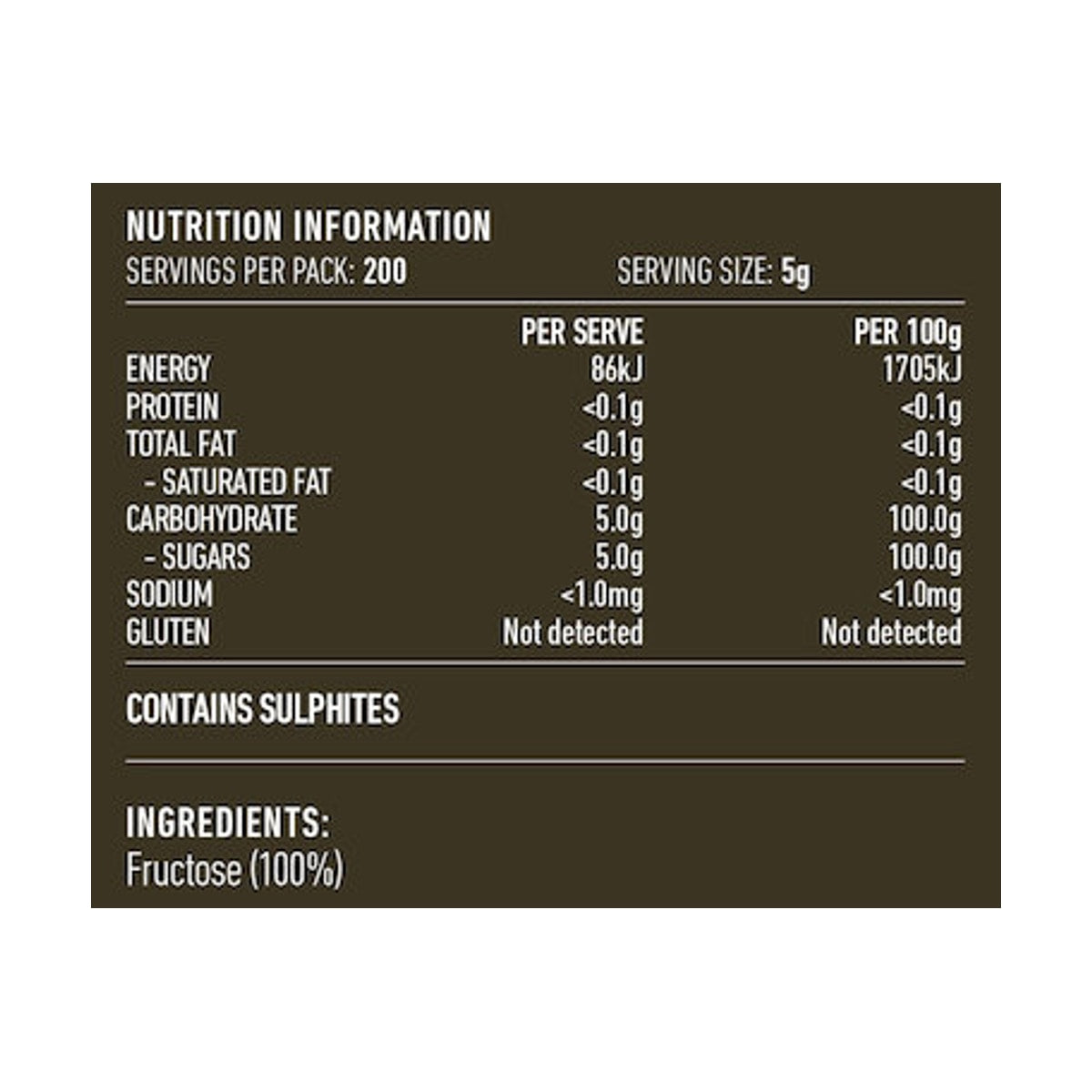 Lotus Fructose Fruit Sugar 1kg rear label and nutrition information panel
