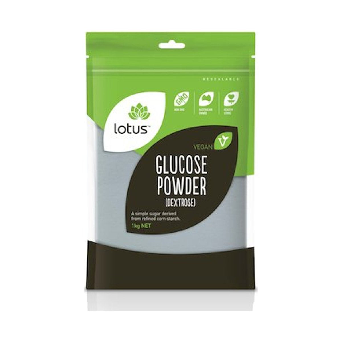 Lotus Glucose Powder (Dextrose) 1kg front pack on white background