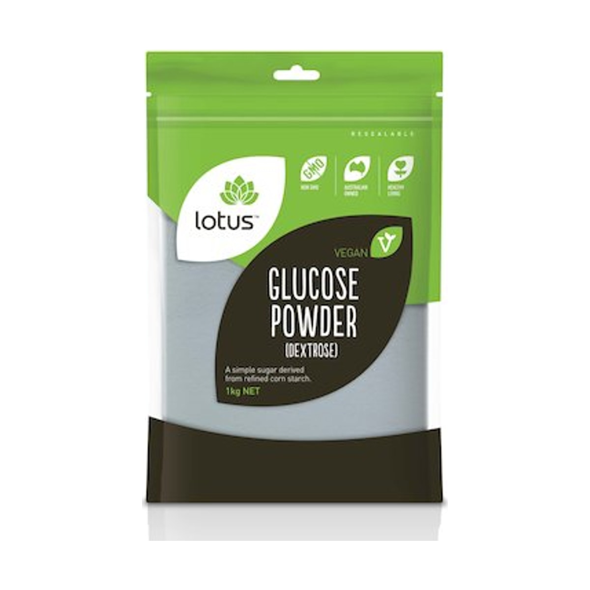 Lotus Glucose Powder (Dextrose) 1kg front pack on white background