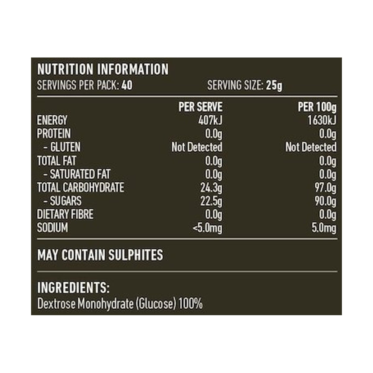 Lotus Glucose Powder (Dextrose) 1kg rear label and nutrition information panel