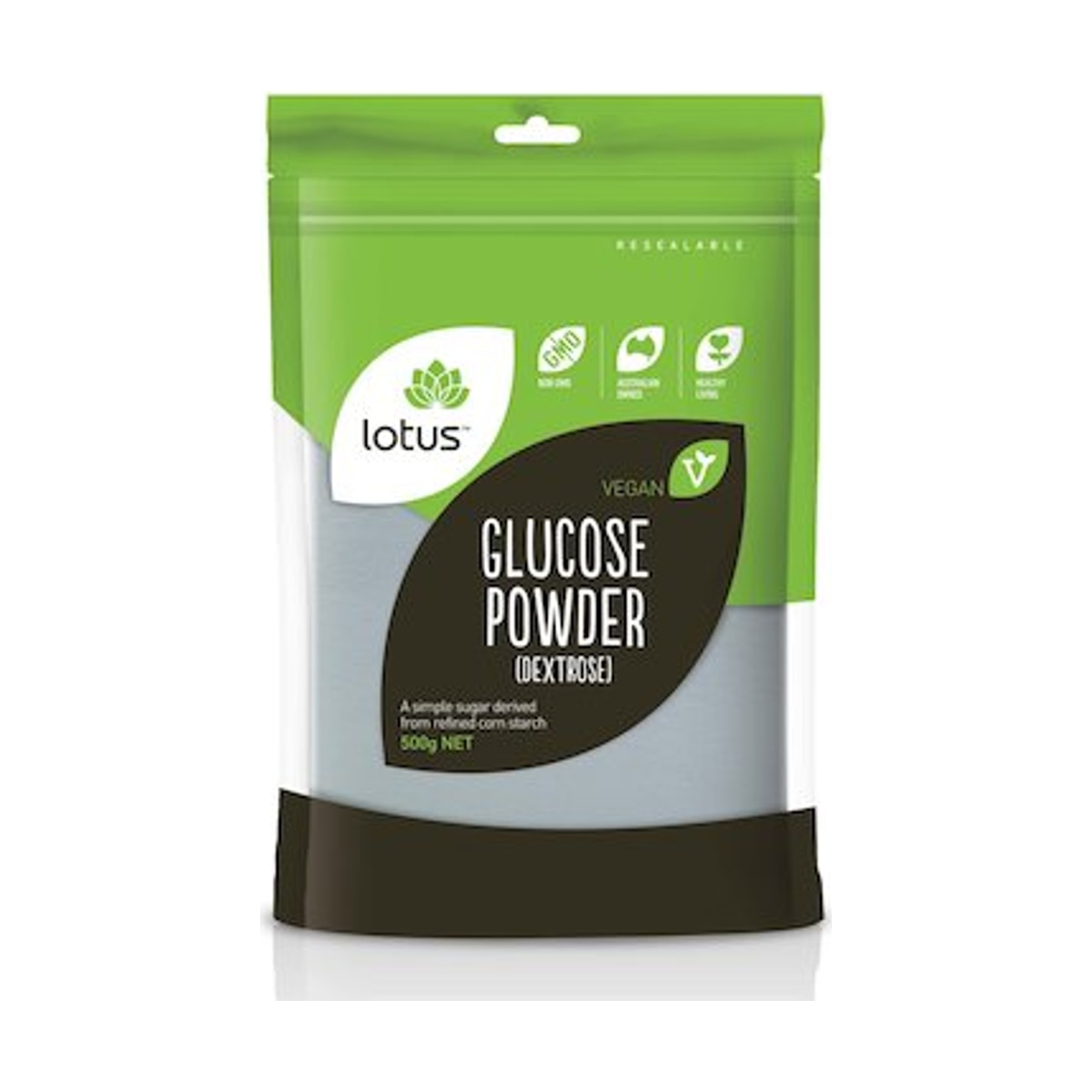 Lotus Glucose Powder (Dextrose) 500g front pack on white background