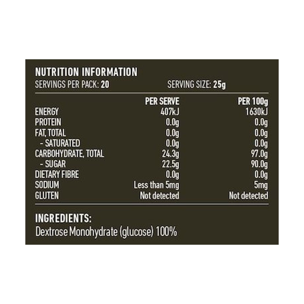 Lotus Glucose Powder (Dextrose) 500g rear label and nutrition information panel
