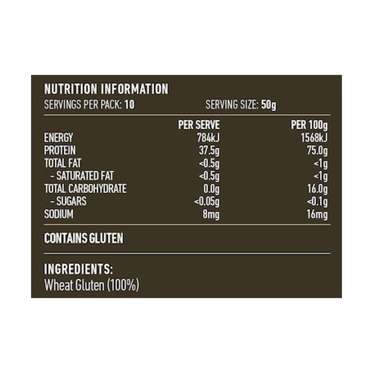 Lotus Gluten Flour 500g rear label and nutrition information panel