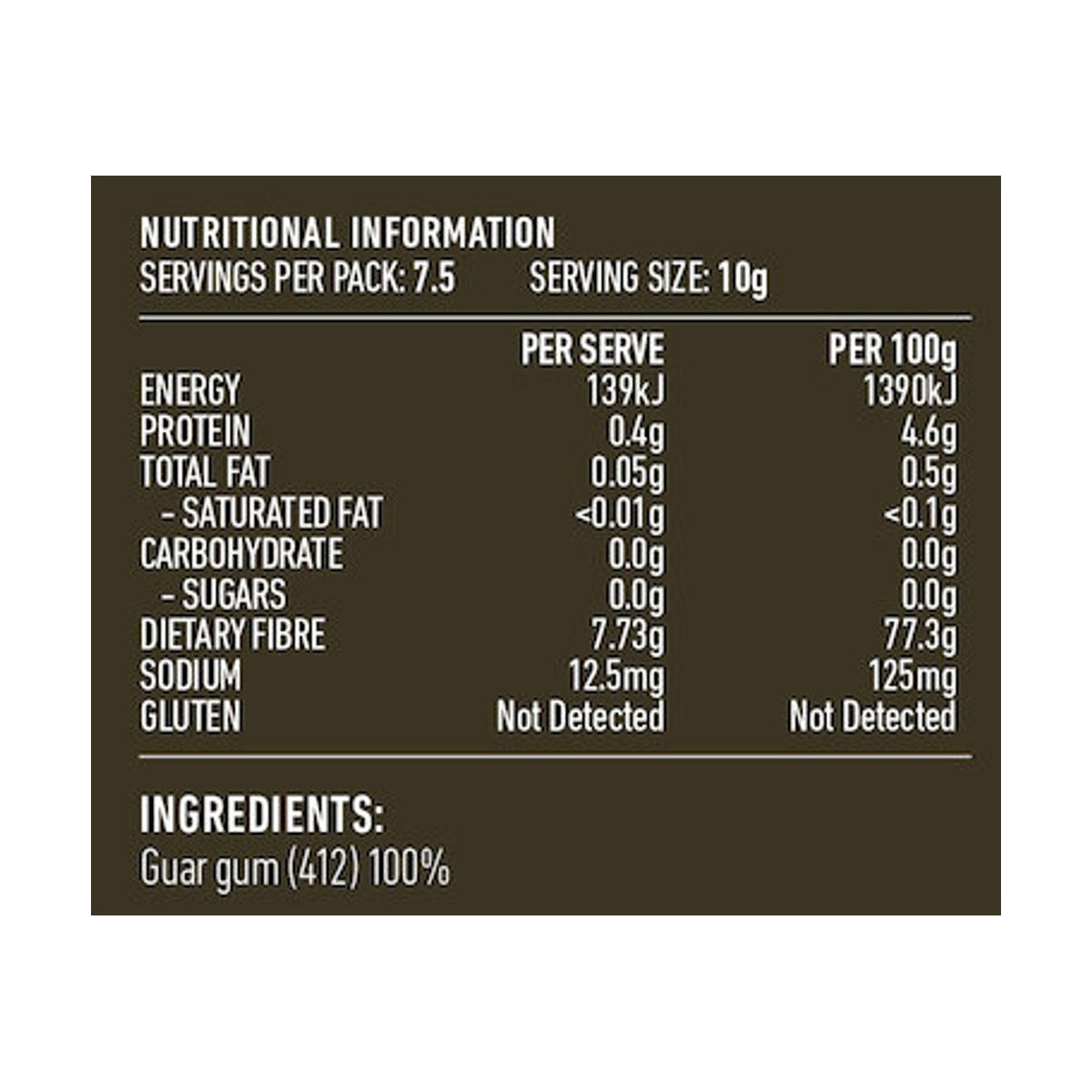 Lotus Guar Gum 75g rear label and nutrition information panel