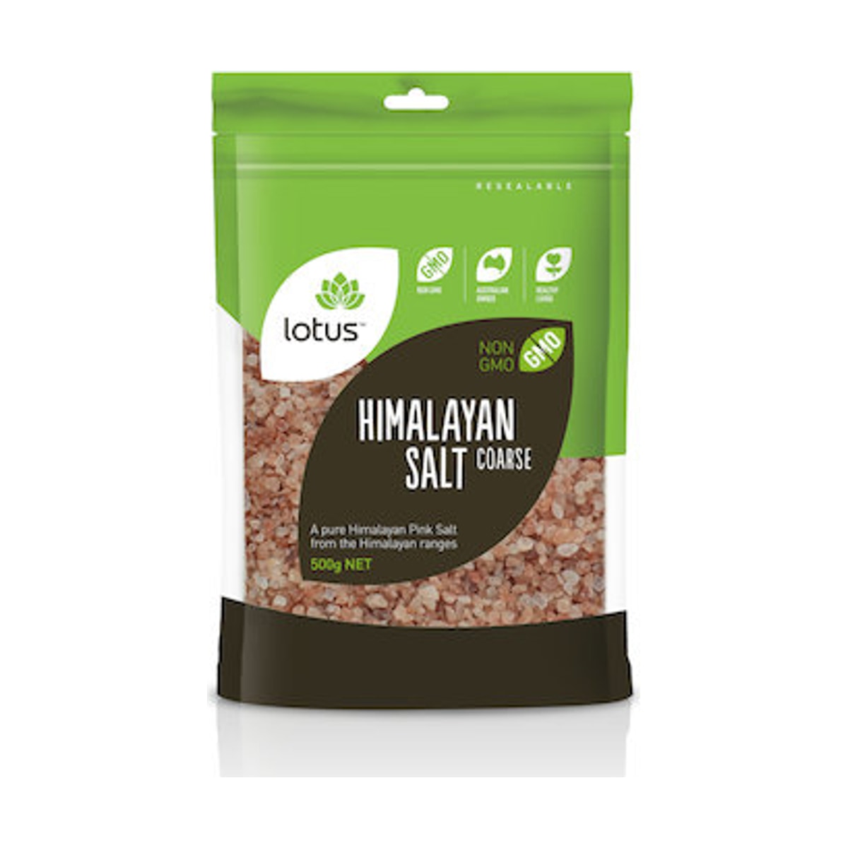 Lotus Himalayan Pink Coarse Salt G/F 500g front pack on white background