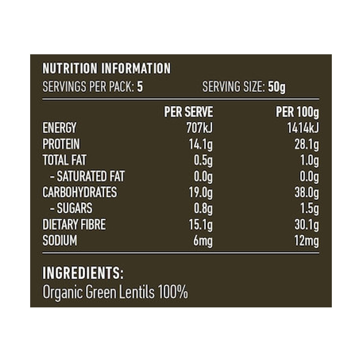 Lotus Lentils Green Organic 250g rear label and nutrition information panel