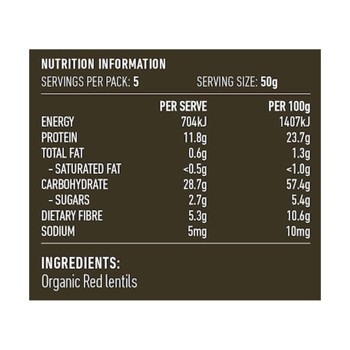 Lotus Lentils Red Split Organic 250g rear label and nutrition information panel