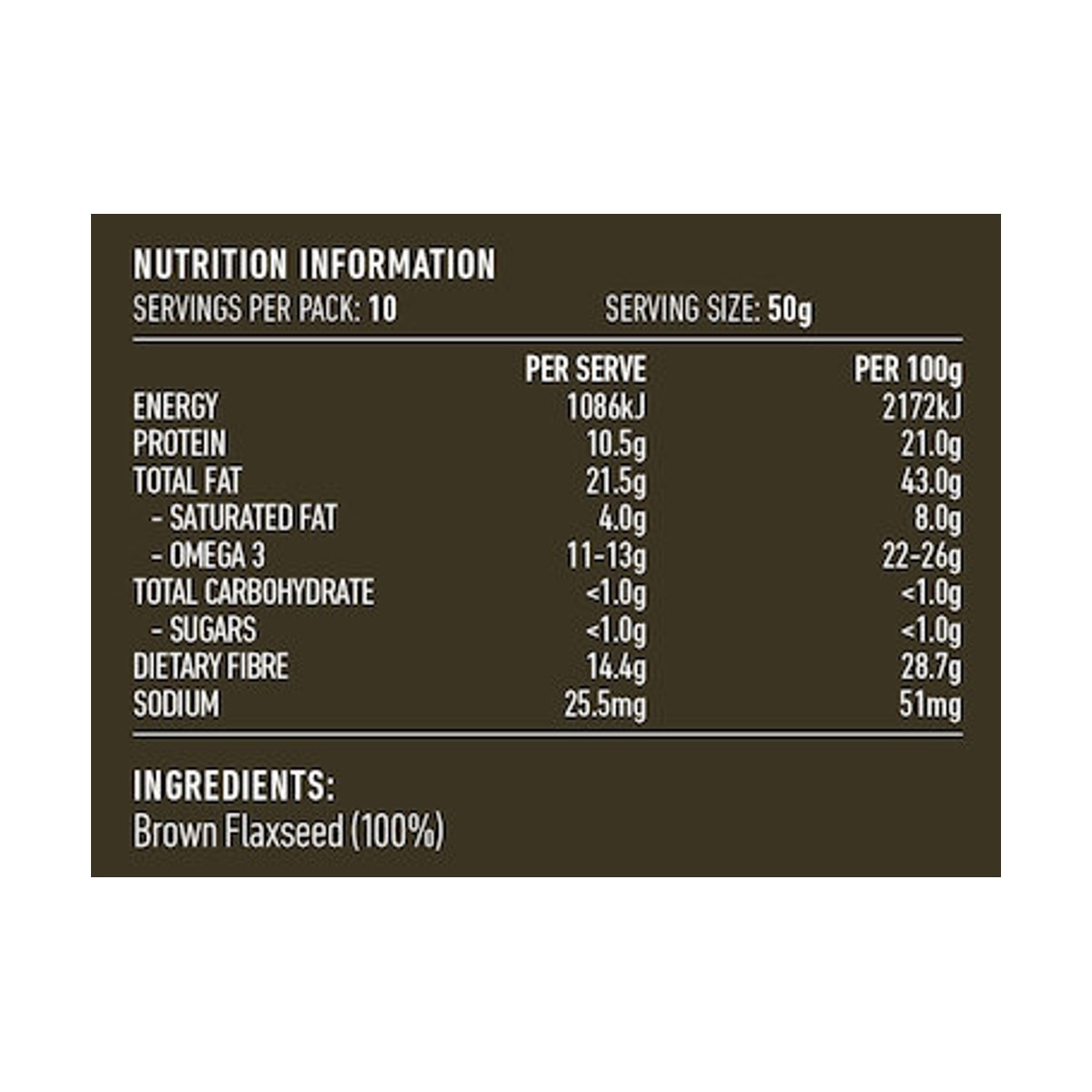 Lotus Linseed (Flaxseed) Brown 500g rear label and nutrition information panel