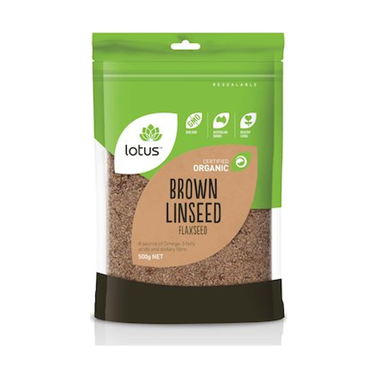 Lotus Linseed (Flaxseed) Brown Organic 500g front pack on white background