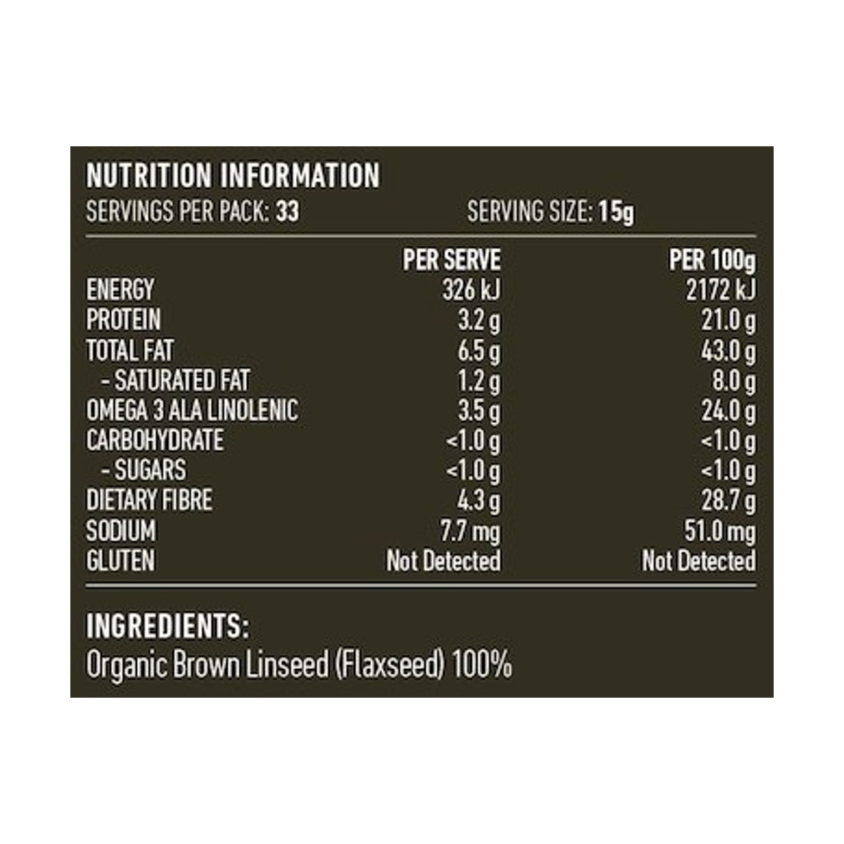 Lotus Linseed (Flaxseed) Brown Organic 500g rear label and nutrition information panel