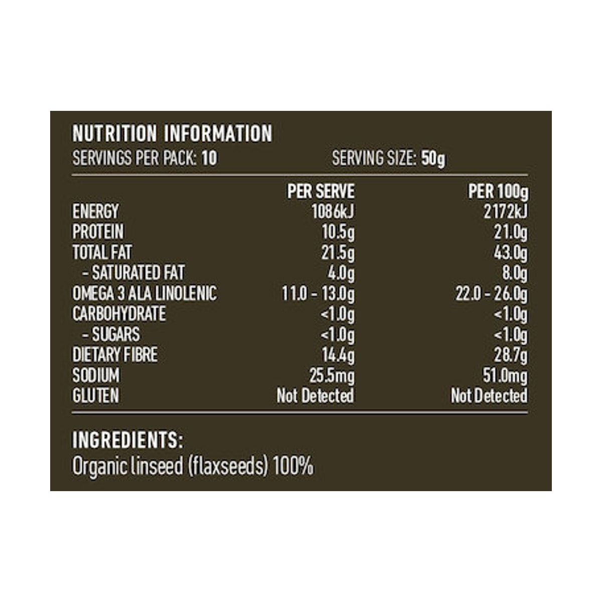Lotus Linseed (Flaxseed) Golden Organic 500g rear label and nutrition information panel