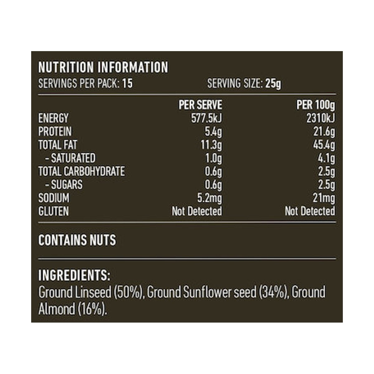 Lotus LSA Meal 750g rear label and nutrition information panel